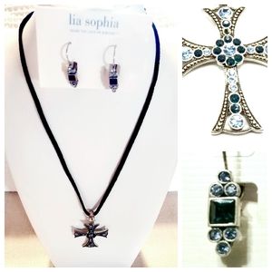 Lia Sophia NWT, Divinity Blue Cross  Necklace & Matching Earrings Set